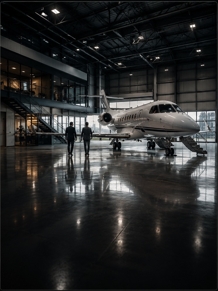 Two executives walking toward a business jet inside a hangar