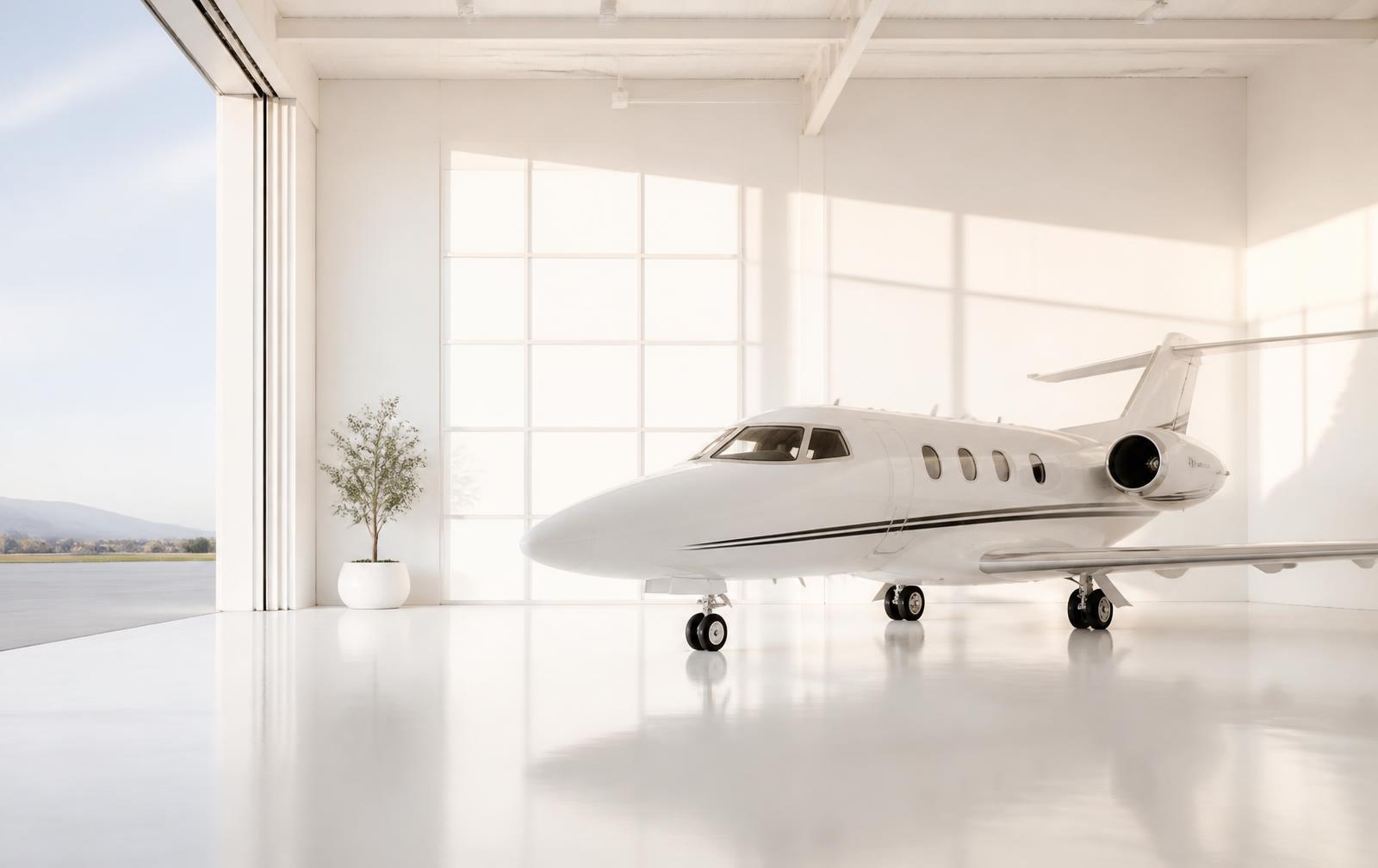 Business jet inside a bright modern manufacturing hangar