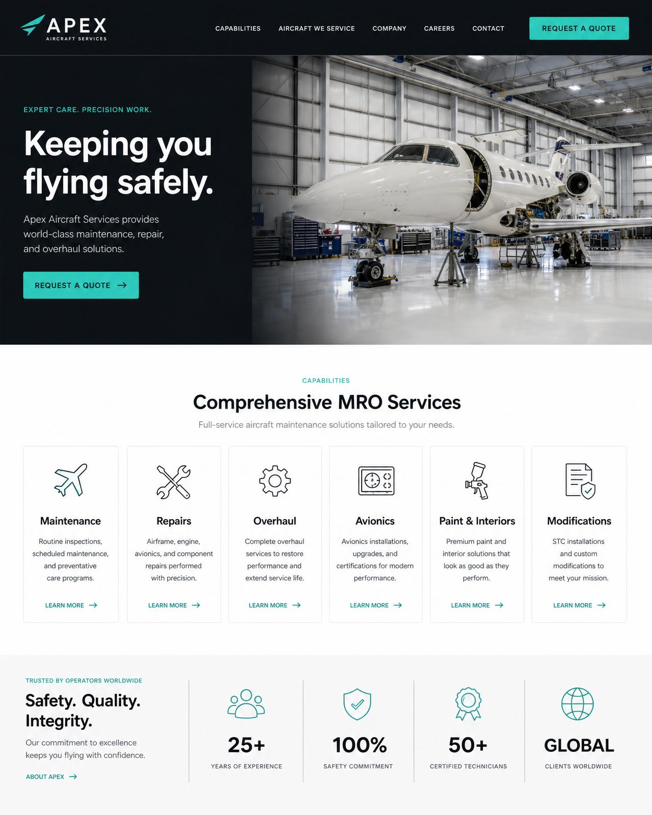 Modern aircraft maintenance shop website after the redesign