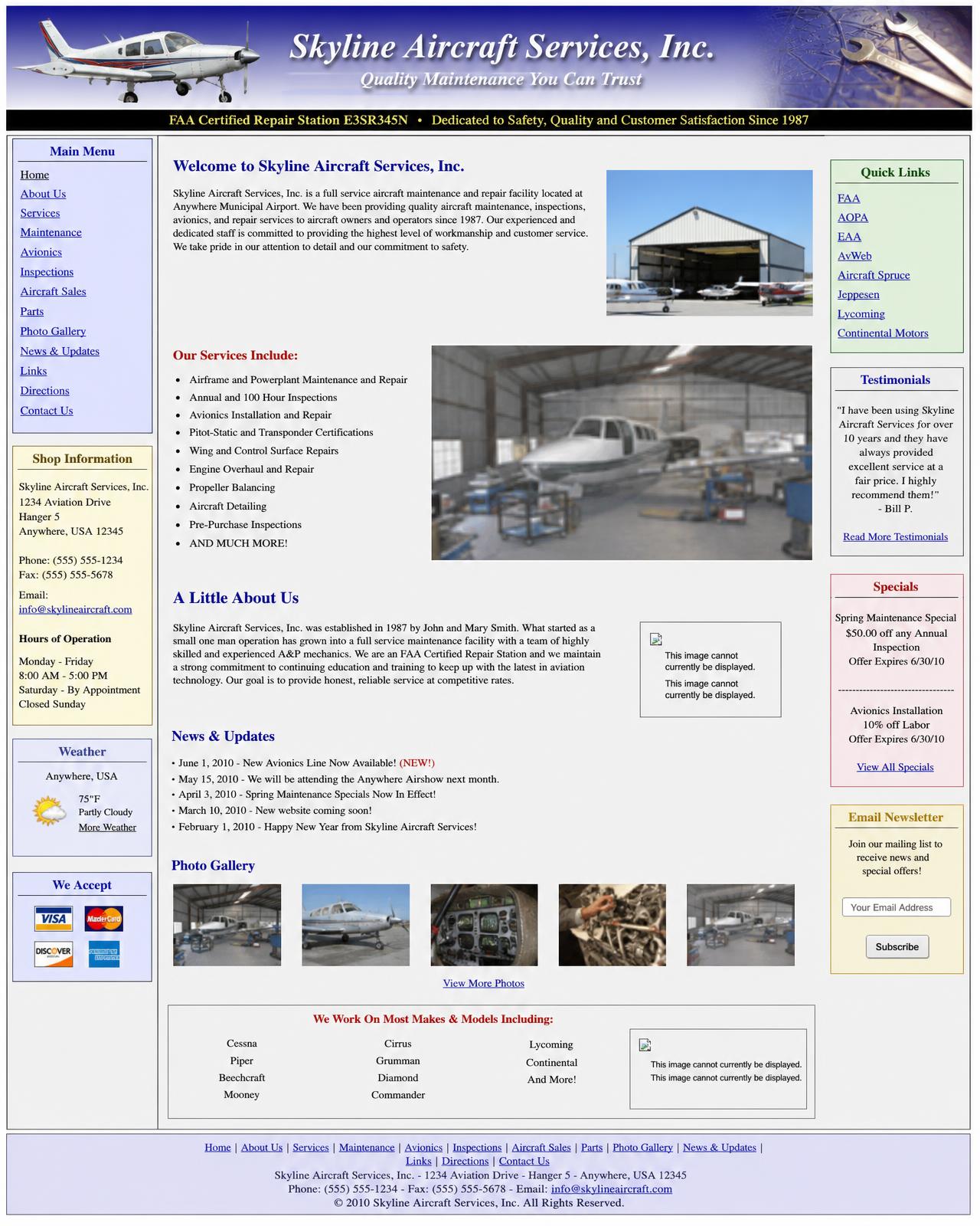 Outdated aircraft maintenance shop website before the redesign