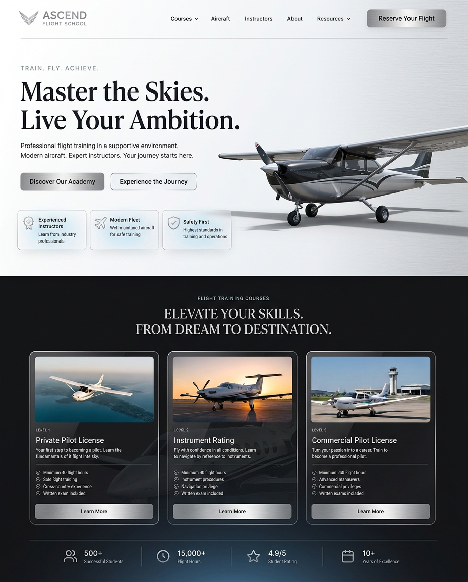 Clean modern flight school website after the redesign